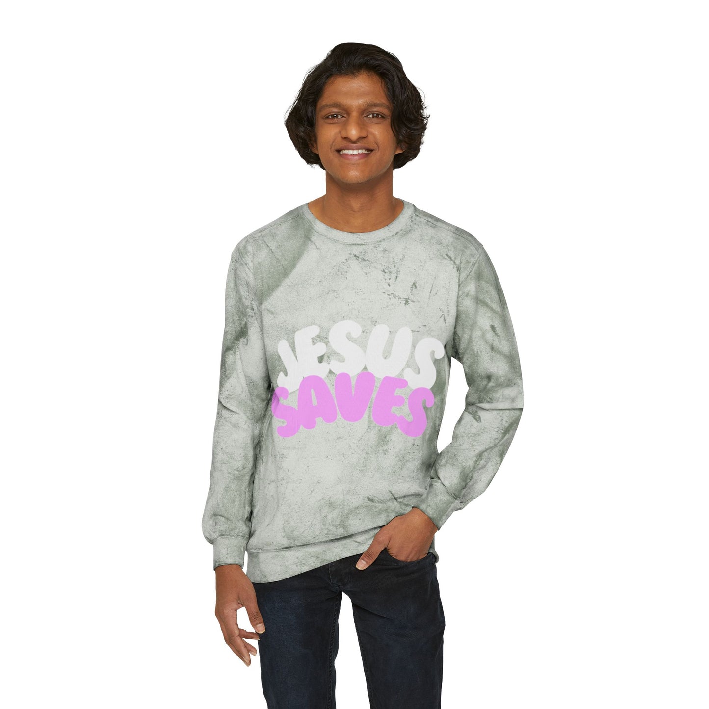 Jesus Saves Color Blast Crewneck Sweatshirt | Unisex Faith Apparel