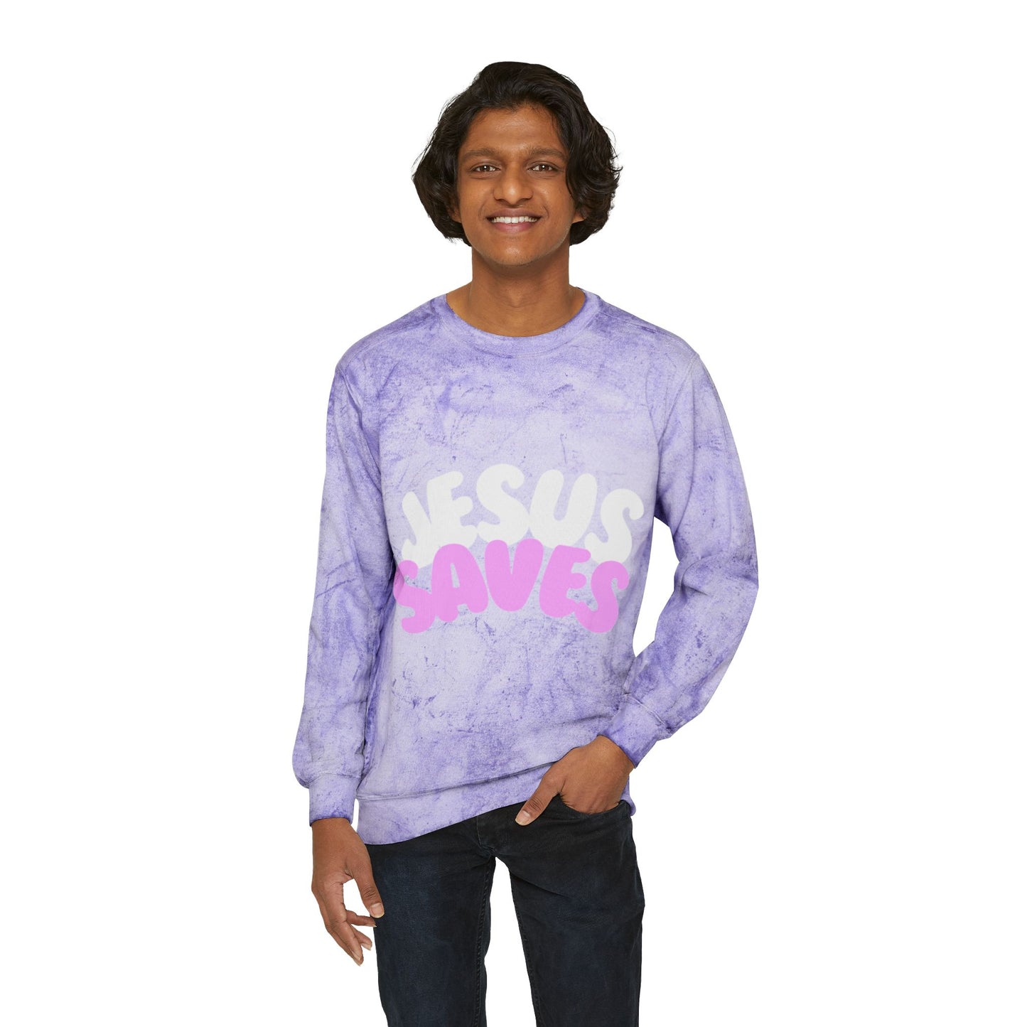 Jesus Saves Color Blast Crewneck Sweatshirt | Unisex Faith Apparel